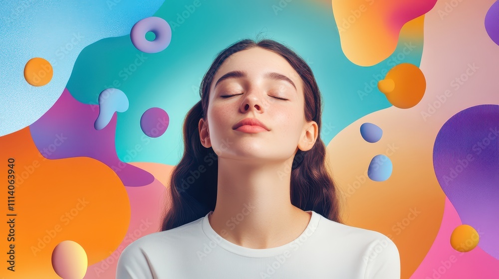 Tangled emotions Concept. A tranquil woman with closed eyes is surrounded by vibrant abstract shapes and colors, conveying a sense of peace and creativity. Tangled emotions Concept. A tranquil woman with closed eyes is surrounded by vibrant abstract shapes and colors, conveying a sense of peace and creativity.