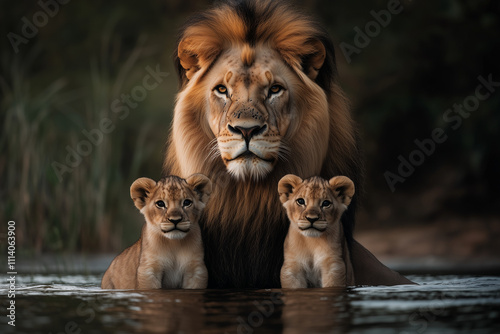 The image features a majestic lion with a thick mane standing in water alongside two lion cubs, set against a natural, lush background. photo