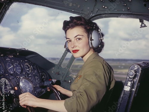  female airline pilot seated confidently in the cockpit of a plane. Vintage style photo. Women in male professions. Gender equality. Sex discrimination. Women's day. 