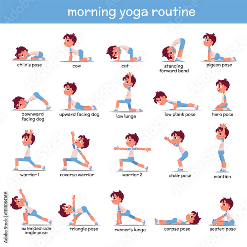 Morning yoga routine. The little boy is exercising. Set of back exercises. Physical exercises for good posture. Cartoon characters. Funny vector illustration. Isolated on white background