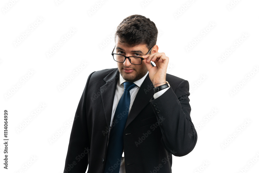 Corporate businessman touching glasses with friendly expression Corporate businessman touching glasses with friendly expression