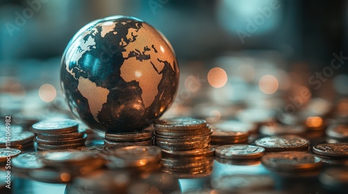 Global Finance Theme, Globe resting on coins ,Represents money and wealth concepts background