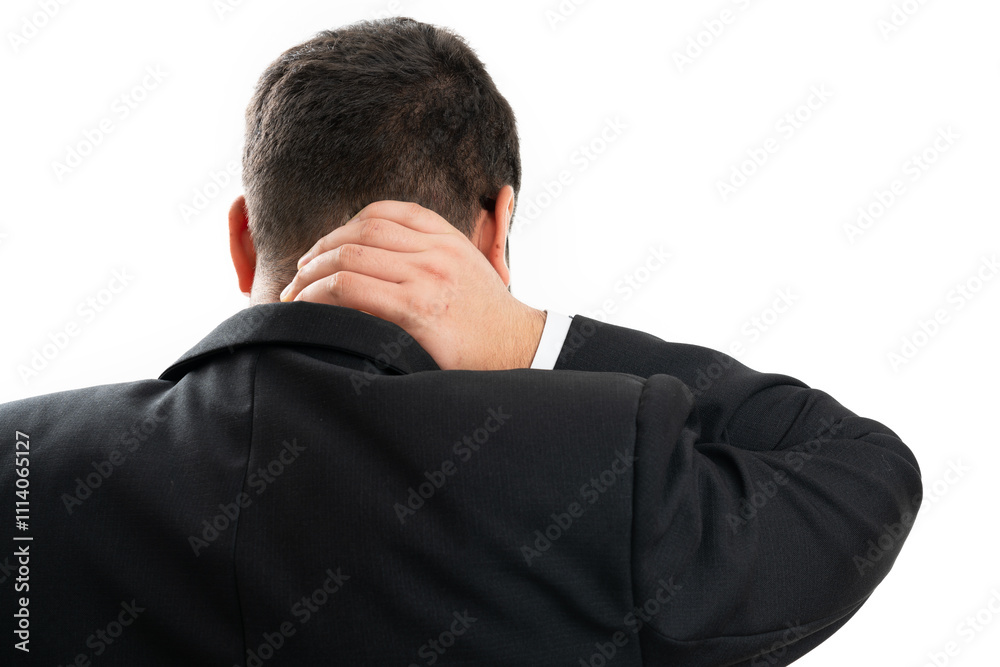 Close-up of businessman in suit touching painful back of neck Close-up of businessman in suit touching painful back of neck