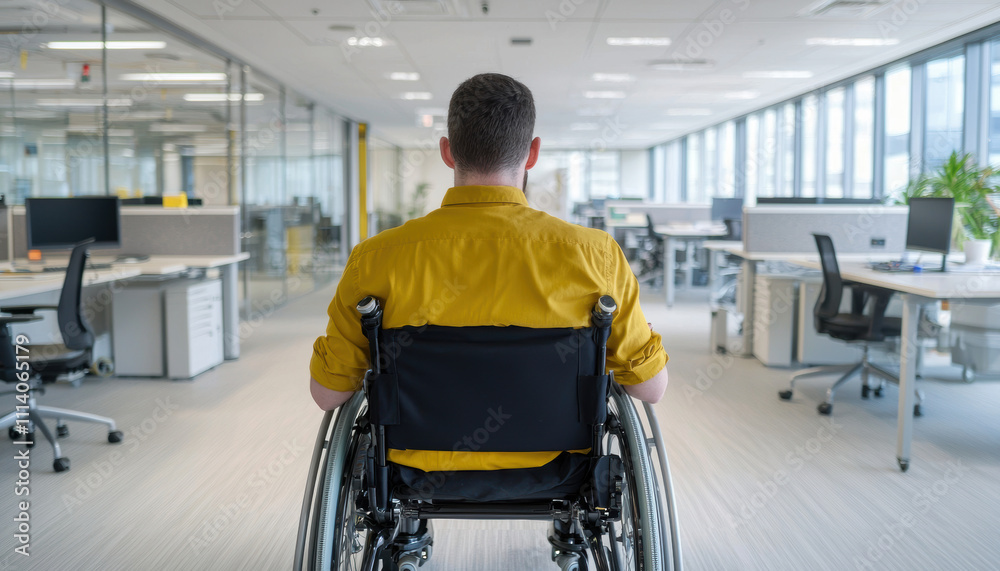 Disability wheelchair workplace diverse team concept. A person in a wheelchair facing an office space, symbolizing inclusivity and accessibility in the workplace. Disability wheelchair workplace diverse team concept. A person in a wheelchair facing an office space, symbolizing inclusivity and accessibility in the workplace.