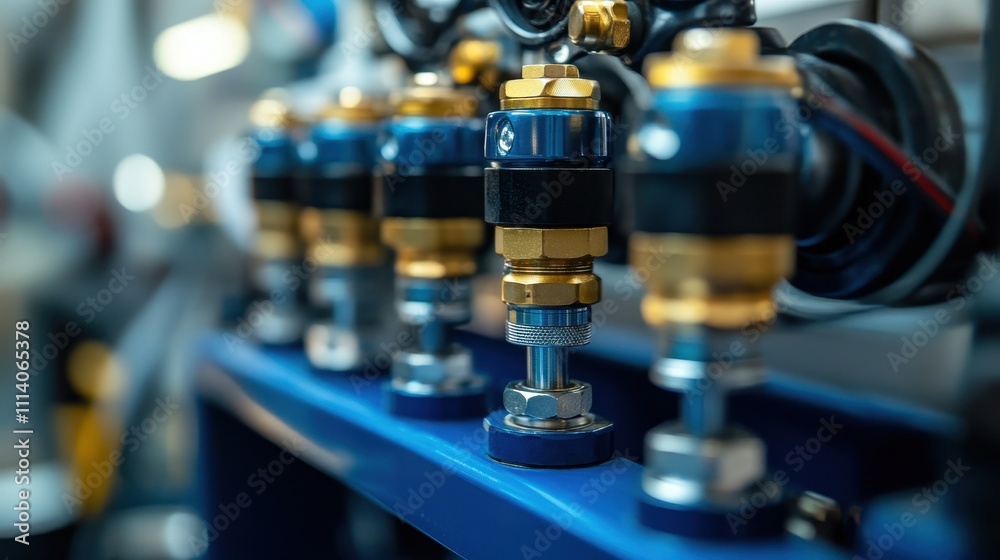Close-up view of industrial pneumatic tools connected to a compressed air system, with hoses and valves visible. The setup showcases precision and technology in a manufacturing environment Close-up view of industrial pneumatic tools connected to a compressed air system, with hoses and valves visible. The setup showcases precision and technology in a manufacturing environment