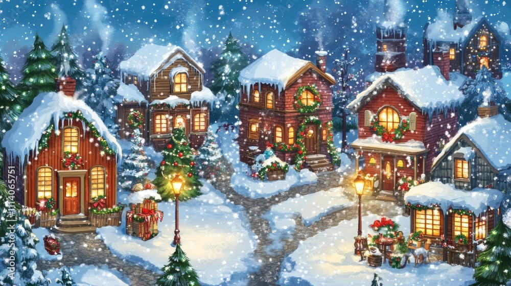 Fototapeta premium Snowy Christmas village background, charming village scene, decorated houses, glowing street lamps