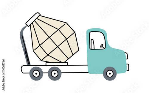 Cute doodle concrete mixer for kids. A simple icon of a concrete mixer on a white background. Vector