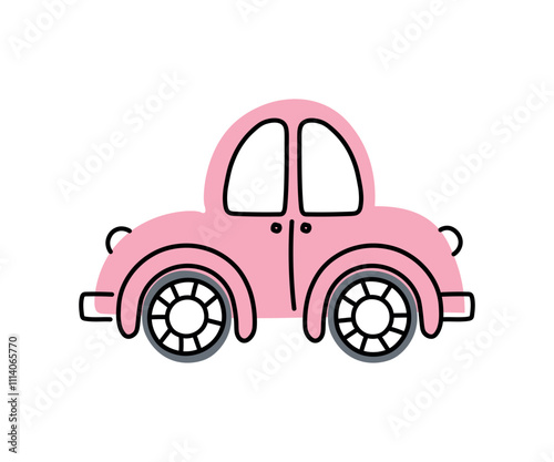 Cute doodle car for kids. Simple icon of a pink retro car on a white background. Vector