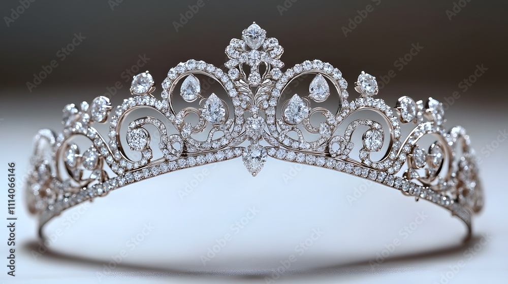 Exquisite platinum crown adorned with white diamonds and intricate filigree details, photographed with professional lighting to capture sparkle and craftsmanship.