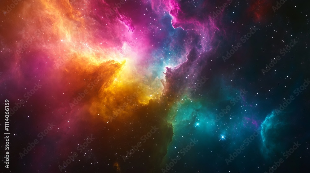 Obraz premium A vibrant view of a galaxy with colorful nebulae glowing around its spiral arms