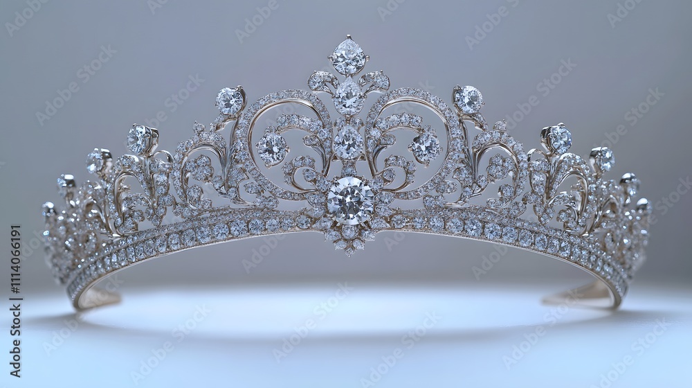Exquisite platinum crown adorned with white diamonds and intricate filigree details, photographed with professional lighting to capture sparkle and craftsmanship.