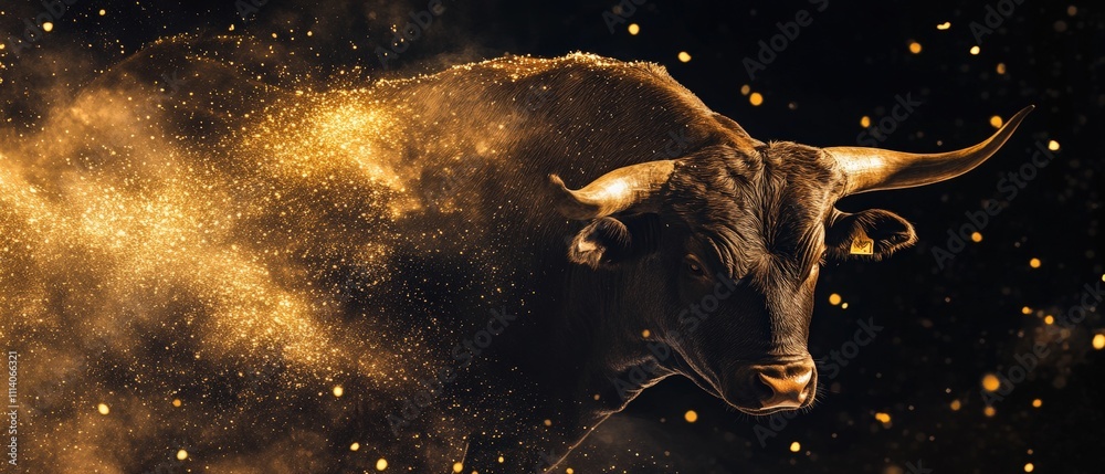 dynamic bull charging forward with sparks of gold dust, representing stock market growth and investor optimism. Ideal for financial and investment themes. dynamic bull charging forward with sparks of gold dust, representing stock market growth and investor optimism. Ideal for financial and investment themes.