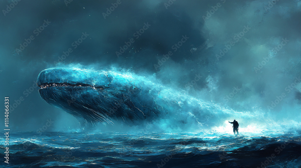 Fototapeta premium A lone figure stands in turbulent waters, facing a massive whale emerging from the depths, surrounded by dramatic stormy skies.