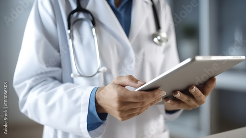 Wallpaper Mural A close-up shot of a female doctor holding and reading on her tablet, with focus on the hands interacting with the screen.  Torontodigital.ca