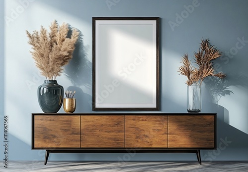 Blank decorative frame on the wall, a minimalist interior design element that enhances the elegance and flexibility of room decoration. photo