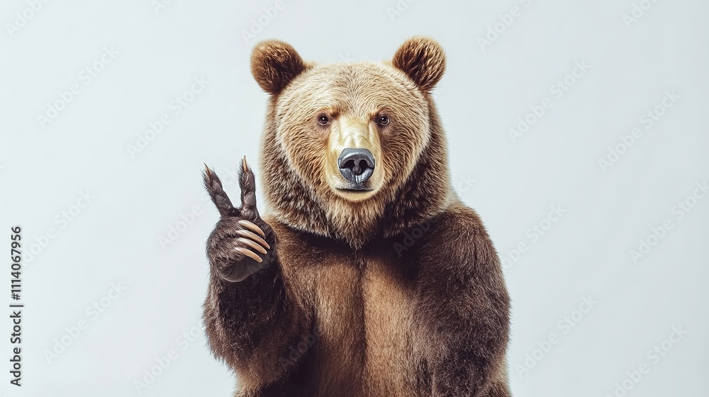 Isolated on a white backdrop, this portrait features a humorous brown bear making a peace gesture. Isolated on a white backdrop, this portrait features a humorous brown bear making a peace gesture.