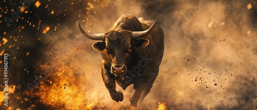 Dynamic bull charging through smoke and flames, representing a bull market in finance. Illustration for stock market investments, growth, and economic optimism. photo