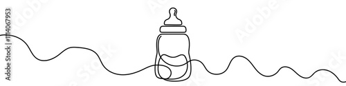 One continuous line illustration of a baby bottle, isolated on white background. Line art of baby bottle.