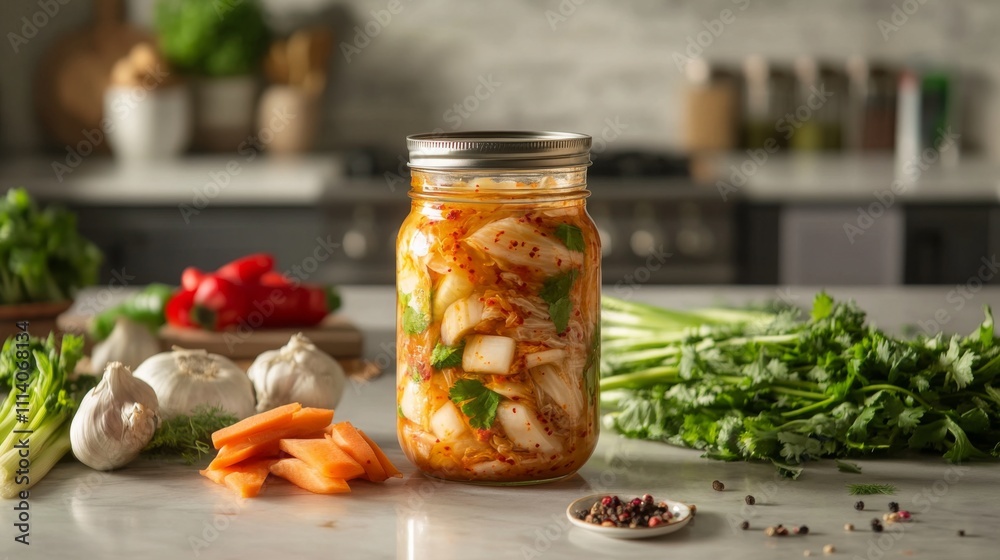 Fresh Homemade Kimchi in a Glass Jar Surrounded by Vegetables Fresh Homemade Kimchi in a Glass Jar Surrounded by Vegetables