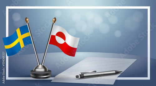 Sweden and Greenland Small national flag on bokeh background, cooperative relationship