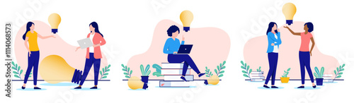 Entrepreneur women coming up with ideas collection - Set of illustrations with businesswomen and lightbulbs working in corporate setting. Flat design vector on white backgrounds