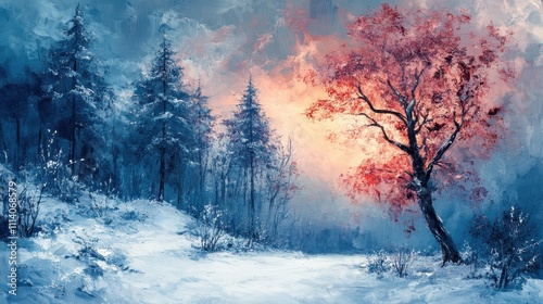 Beautiful winter tree landscape painting.