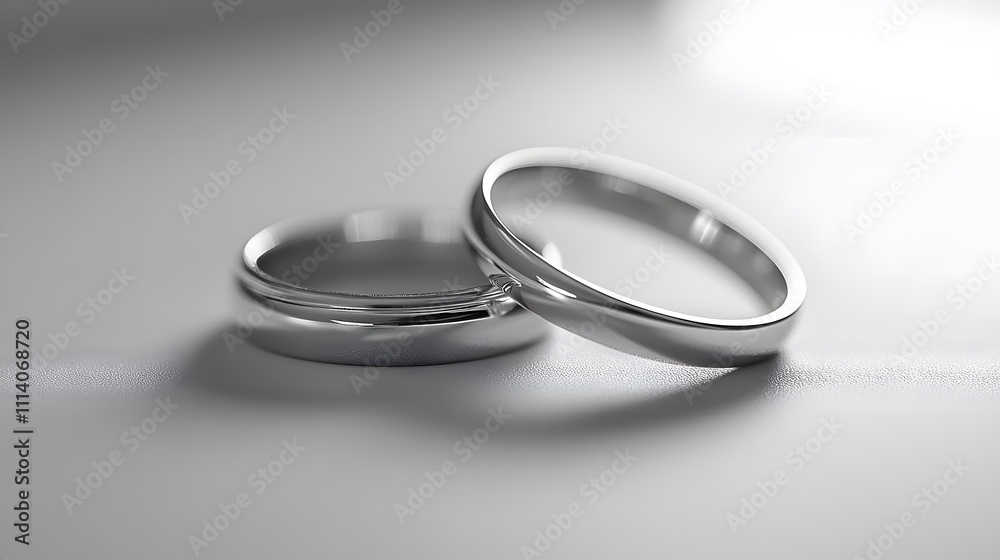 Elegant pair of polished platinum wedding bands with minimalist design, photographed with macro detail to showcase mirror finish and luxurious craftsmanship. Elegant pair of polished platinum wedding bands with minimalist design, photographed with macro detail to showcase mirror finish and luxurious craftsmanship.