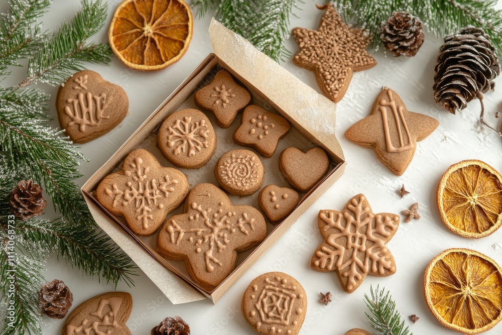 Festive gingerbread cookies in snowflake, Christmas tree, star, and heart shapes on table with pine branches, dried orange slices, and open gift box, Christmas or winter season atmosphere Festive gingerbread cookies in snowflake, Christmas tree, star, and heart shapes on table with pine branches, dried orange slices, and open gift box, Christmas or winter season atmosphere