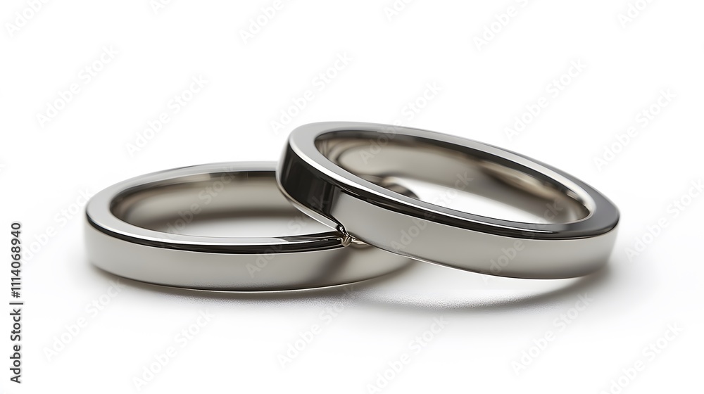 Elegant pair of polished platinum wedding bands with minimalist design, photographed with macro detail to showcase mirror finish and luxurious craftsmanship.