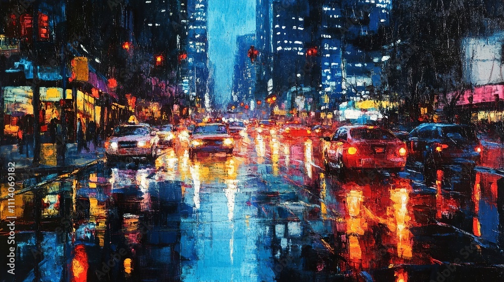 In a bustling metropolitan street, city lights are reflected by vibrant nighttime rain. In a bustling metropolitan street, city lights are reflected by vibrant nighttime rain.