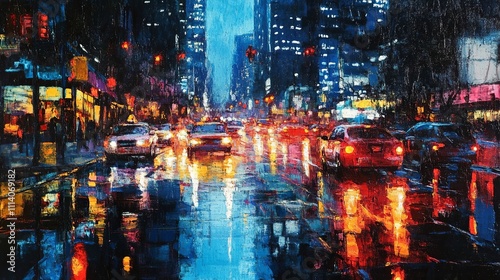 In a bustling metropolitan street, city lights are reflected by vibrant nighttime rain.