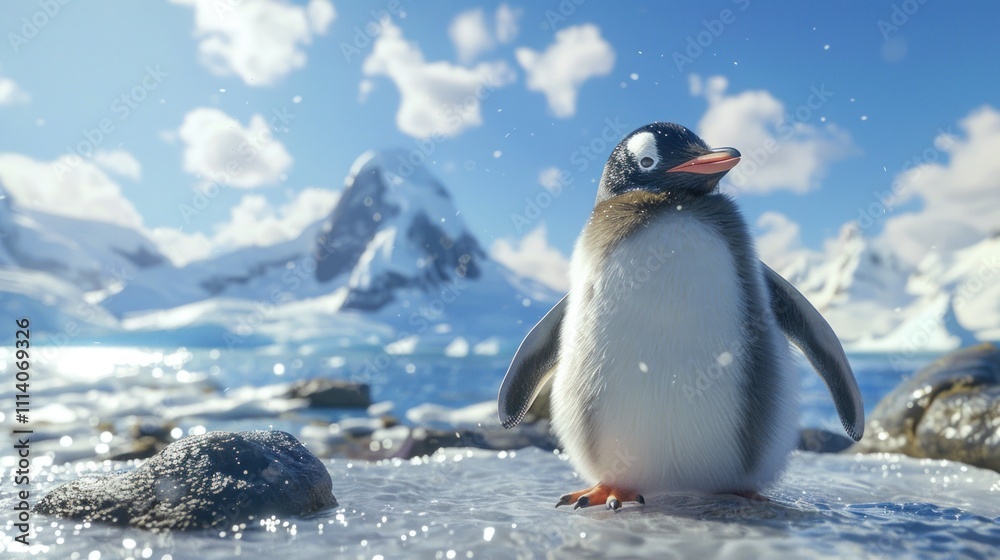 Fototapeta premium A cute penguin stands on a rocky shore with snowy mountains in the background.