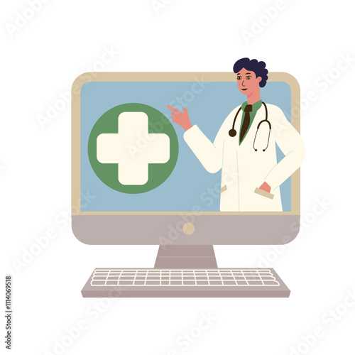 doctor on a computer screen pointing to a medical cross symbol, representing online healthcare services or telemedicine consultation.