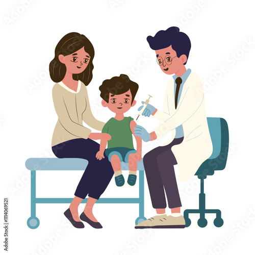 child receiving a vaccine from a healthcare professional while seated on a bench, accompanied by a supportive adult nearby, both looking calm.