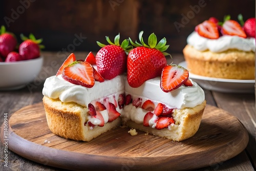 Close-up of strawberry shortcake on a wooden table with copy space.