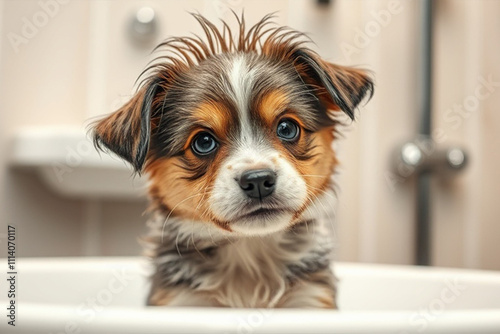 Yorkshire terrier being wiped down after shampooing at dog salon photo