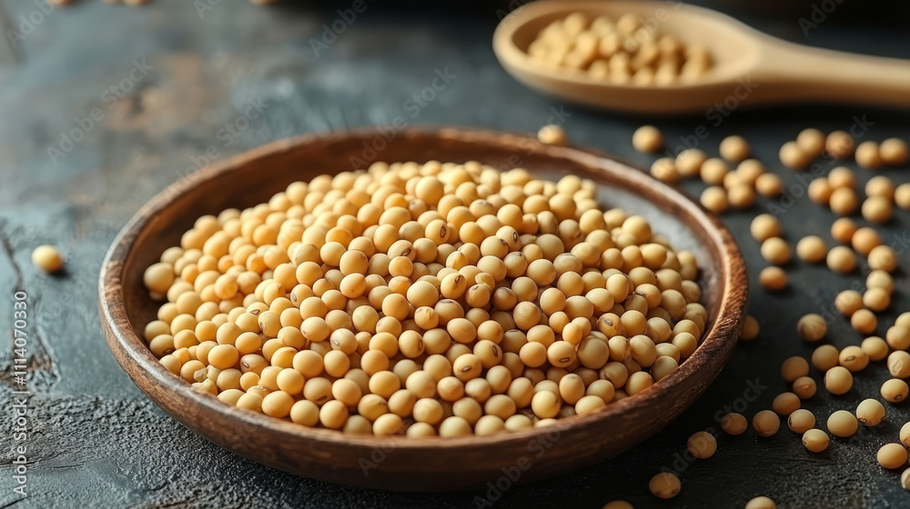Close-up of organic soybeans in wooden bowl Close-up of organic soybeans in wooden bowl