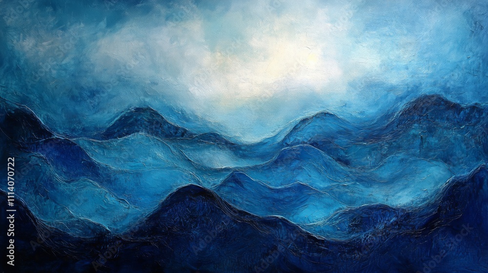 Abstract Oil Painting of Blue Mountain Range with White Clouds Abstract Oil Painting of Blue Mountain Range with White Clouds