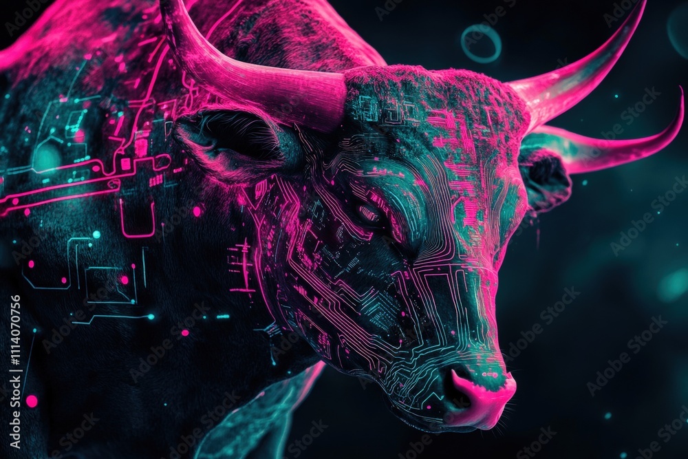 Obraz premium futuristic bull head glowing with digital elements, representing stock market growth and bullish trends, alongside cryptocurrency and investment technology visuals.