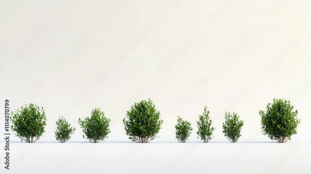 Fototapeta premium Minimalist arrangement of small bushes with varying heights on white