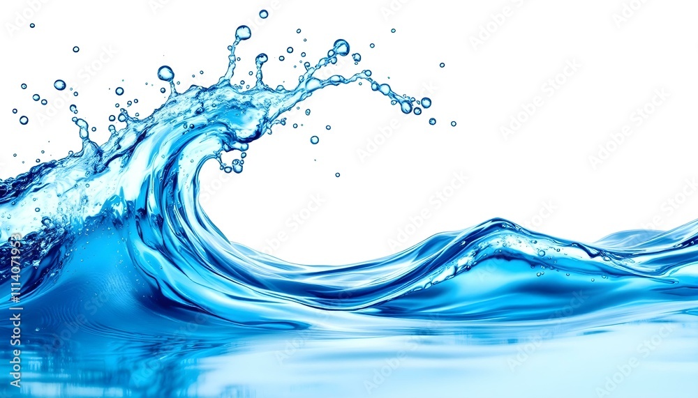 Fresh blue natural drink water wave wide panorama with bubbles concept isolated white background. Abstract natural drink water background Fresh blue natural drink water wave wide panorama with bubbles concept isolated white background. Abstract natural drink water background