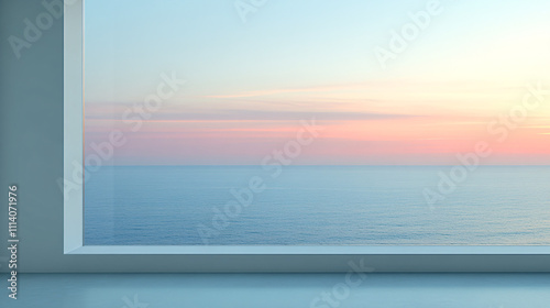 A serene view of a calming ocean at sunrise, framed by a minimalist window, showcasing soft pastel colors in the sky and water.