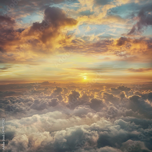 Aerial view from an airplane during sunrise, showing vibrant sky and soft clouds. photo