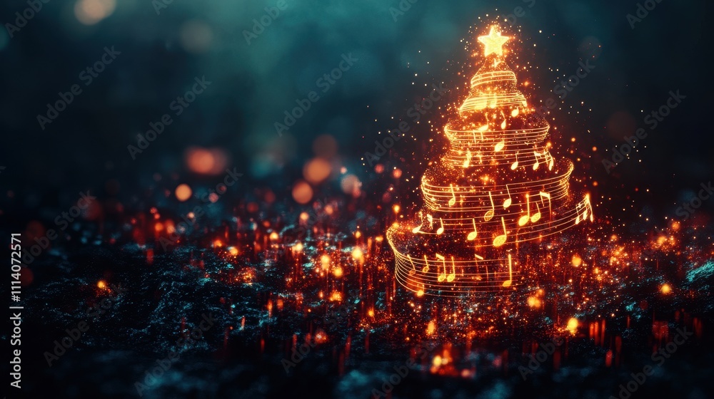 Digital Christmas tree design with glowing musical notes on a dark background, representing festive holiday celebrations with a musical theme. Digital Christmas tree design with glowing musical notes on a dark background, representing festive holiday celebrations with a musical theme.