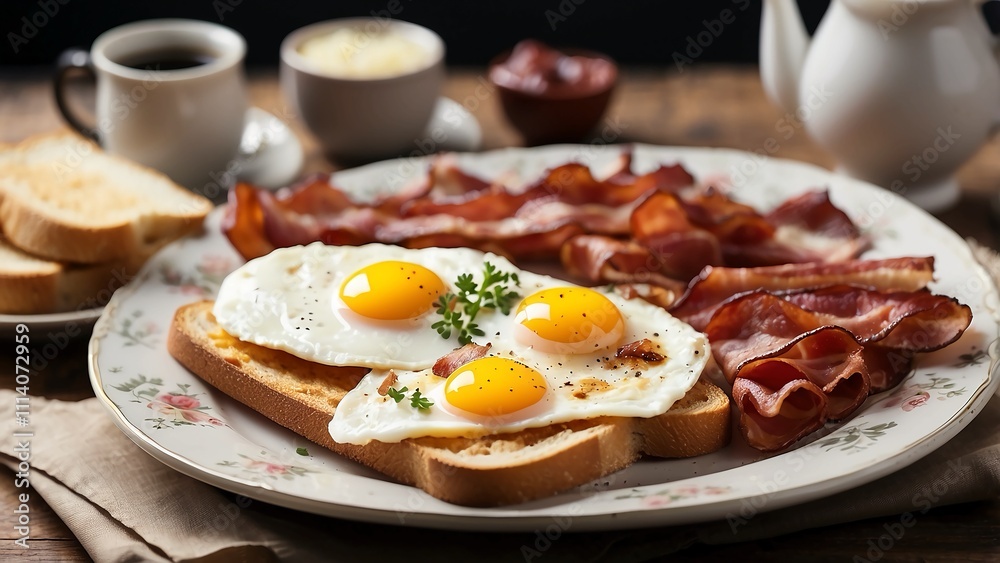 A traditional English breakfast with eggs, bacon, and toast A traditional English breakfast with eggs, bacon, and toast