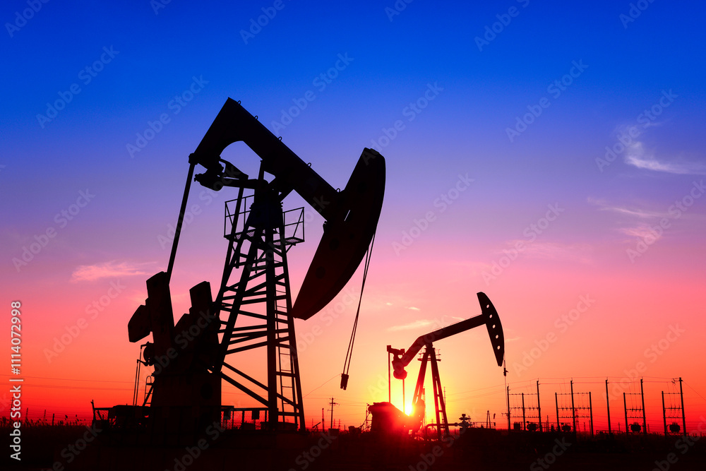 The pumping unit is working, in the silhouette of sunset The pumping unit is working, in the silhouette of sunset