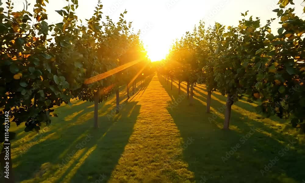 A sunlit orchard with trees bearing fruit, casting long shadows on lush grass. A sunlit orchard with trees bearing fruit, casting long shadows on lush grass.