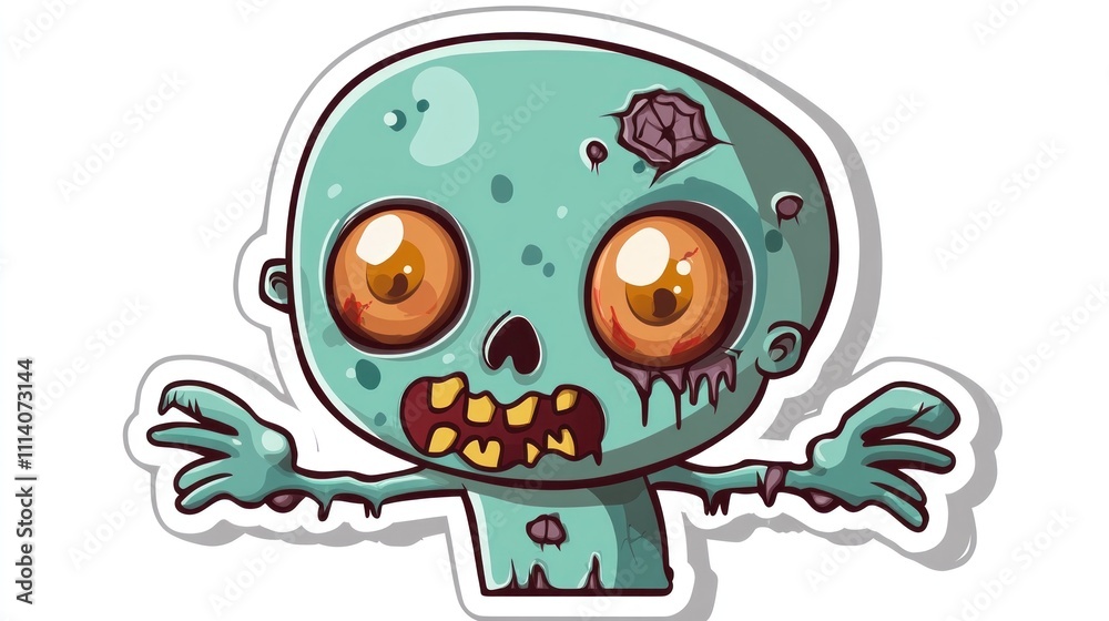 Sticker design of a cute halloween Zombie, on a white background, in a vector illustration style, using simple shapes, in the cute style, featuring a cute character, with a white border. Sticker design of a cute halloween Zombie, on a white background, in a vector illustration style, using simple shapes, in the cute style, featuring a cute character, with a white border.