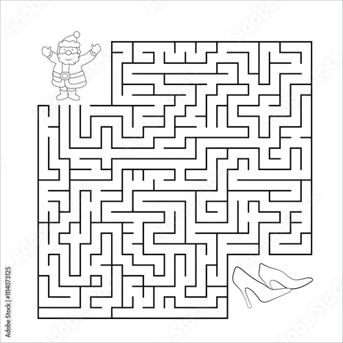 maze game for kids.Christmas maze for children, funny dog looking for gifts. Coloring page. Vector illustration.