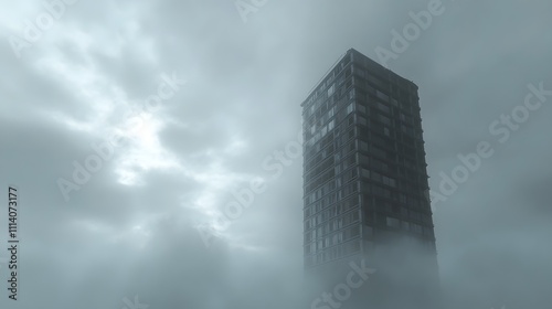 Mysterious tower shrouded in fog reveals the beauty of urban landscapes at dawn